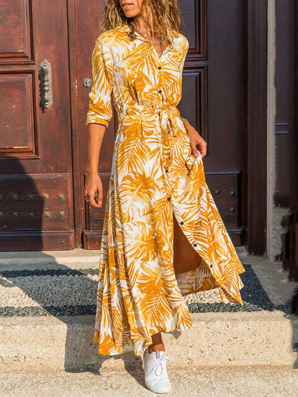 Casual Printed High-waist Lace-up Chiffon Shirt Dress - Maxi Dresses - INS | Online Fashion Free Shipping Clothing, Dresses, Tops, Shoes - 20-30 - 26/07/2021 - color-blue