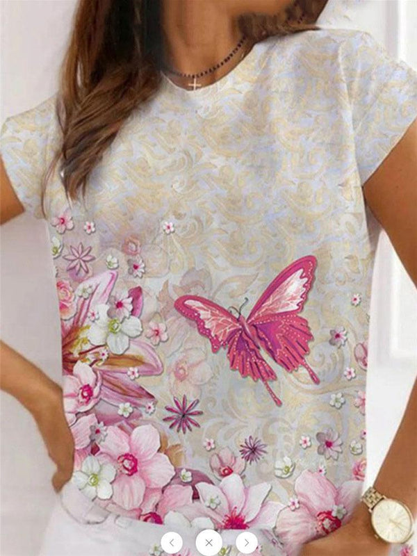 Casual Round Neck Butterfly Print Short-sleeved T-shirt - T-shirts - INS | Online Fashion Free Shipping Clothing, Dresses, Tops, Shoes - 07/06/2021 - Color_Blue - Color_Green