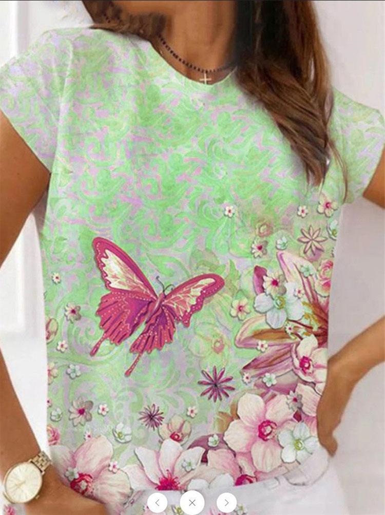 Casual Round Neck Butterfly Print Short-sleeved T-shirt - T-shirts - INS | Online Fashion Free Shipping Clothing, Dresses, Tops, Shoes - 07/06/2021 - Color_Blue - Color_Green