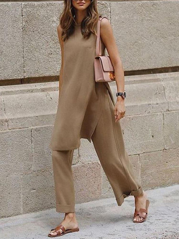 Casual Round Neck Sleeveless Wide-leg Two-piece Suit - Sets - INS | Online Fashion Free Shipping Clothing, Dresses, Tops, Shoes - 14/07/2021 - 30-40 - Bottoms