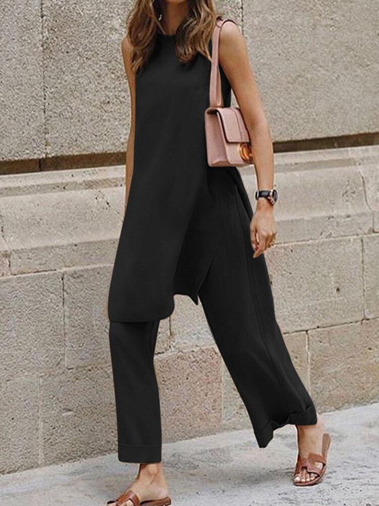 Casual Round Neck Sleeveless Wide-leg Two-piece Suit - Sets - INS | Online Fashion Free Shipping Clothing, Dresses, Tops, Shoes - 14/07/2021 - 30-40 - Bottoms
