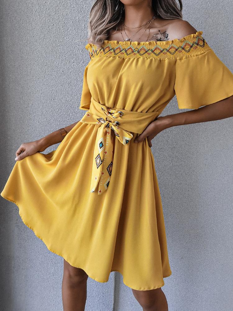 Casual Short-sleeved Embroidered Off-shoulder Tie Belt Dress - Mini Dresses - INS | Online Fashion Free Shipping Clothing, Dresses, Tops, Shoes - 23/07/2021 - 30-40 - color-pink
