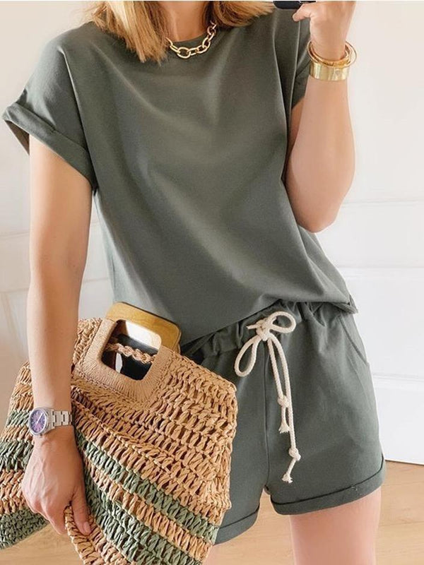 Casual Short-sleeved Round Neck Two-piece Suit - Size_2XL Suits Two-piece Outfits - INS | Online Fashion Free Shipping Clothing, Dresses, Tops, Shoes - 09/06/2021 - Color_Apricot - Color_Green