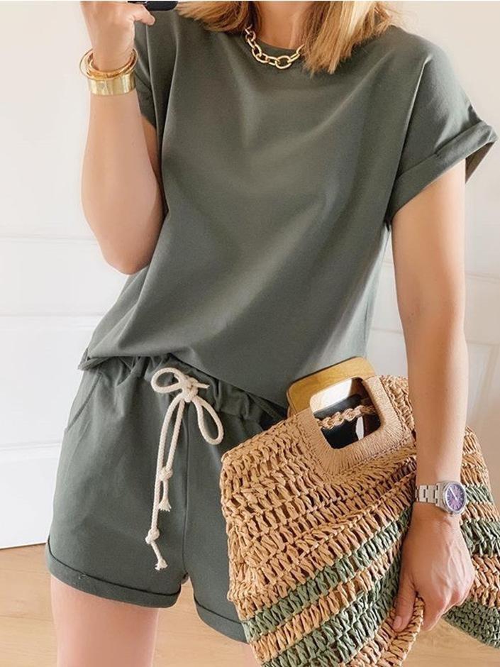 Casual Short-sleeved Round Neck Two-piece Suit - Size_2XL Suits Two-piece Outfits - INS | Online Fashion Free Shipping Clothing, Dresses, Tops, Shoes - 09/06/2021 - Color_Apricot - Color_Green