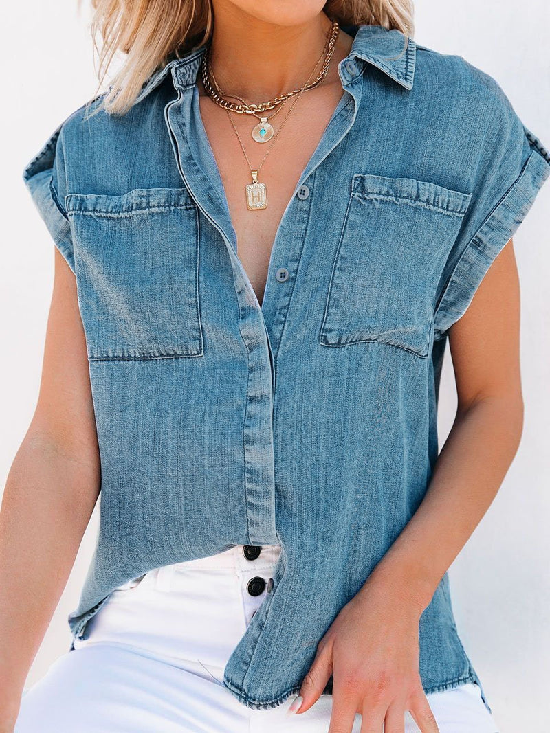 Casual Short-sleeved Solid Denim Shirt - Blouses - INS | Online Fashion Free Shipping Clothing, Dresses, Tops, Shoes - 20-30 - 22/07/2021 - BLO2107221243