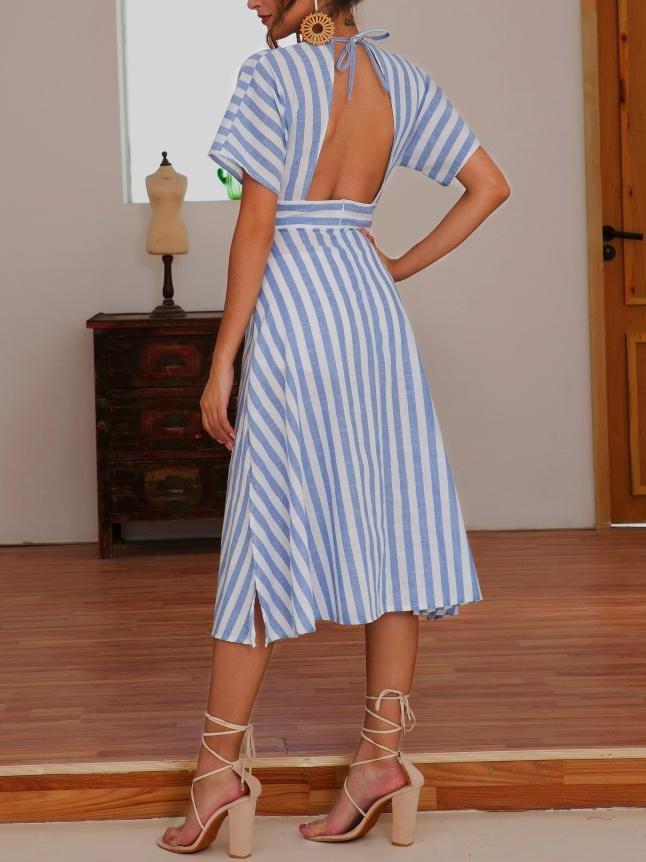 Casual Short-sleeved V-neck A-line Dress - Midi Dresses - INS | Online Fashion Free Shipping Clothing, Dresses, Tops, Shoes - 03/06/2021 - Color_Blue - DRE2106030004