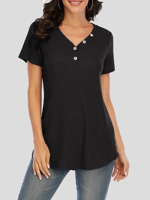 Casual Short-sleeved V-neck Button T-shirt - T-Shirts - INS | Online Fashion Free Shipping Clothing, Dresses, Tops, Shoes - 20-30 - 24/06/2021 - color-black