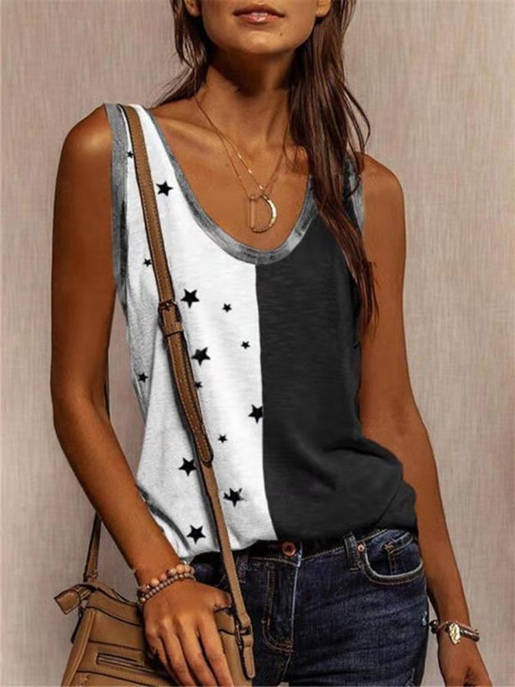 Casual Star Print Colorblock Sleeveless Vest - Tank Tops - INS | Online Fashion Free Shipping Clothing, Dresses, Tops, Shoes - 10-20 - 18/06/2021 - color-black