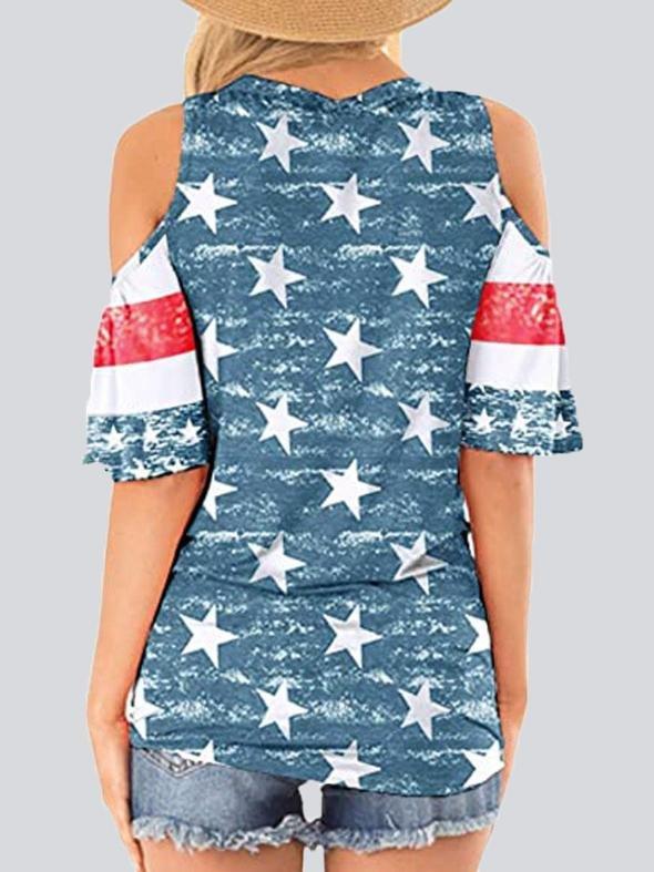 Casual Star Stripe Off-shoulder Button Top T-shirt - T Shirts - INS | Online Fashion Free Shipping Clothing, Dresses, Tops, Shoes - 05/22/2021 - Category_T Shirts - Color_Blue