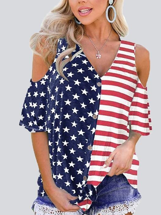 Casual Star Stripe Off-shoulder Button Top T-shirt - T Shirts - INS | Online Fashion Free Shipping Clothing, Dresses, Tops, Shoes - 05/22/2021 - Category_T Shirts - Color_Blue