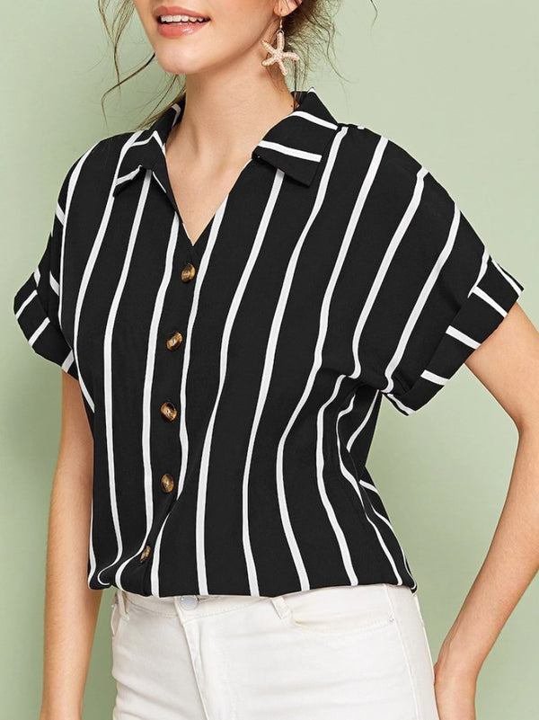 Casual Striped-breasted Lapel Loose Bat Sleeve Ladies Shirt - Blouses - INS | Online Fashion Free Shipping Clothing, Dresses, Tops, Shoes - 10-20 - 14/07/2021 - BLO2107141193