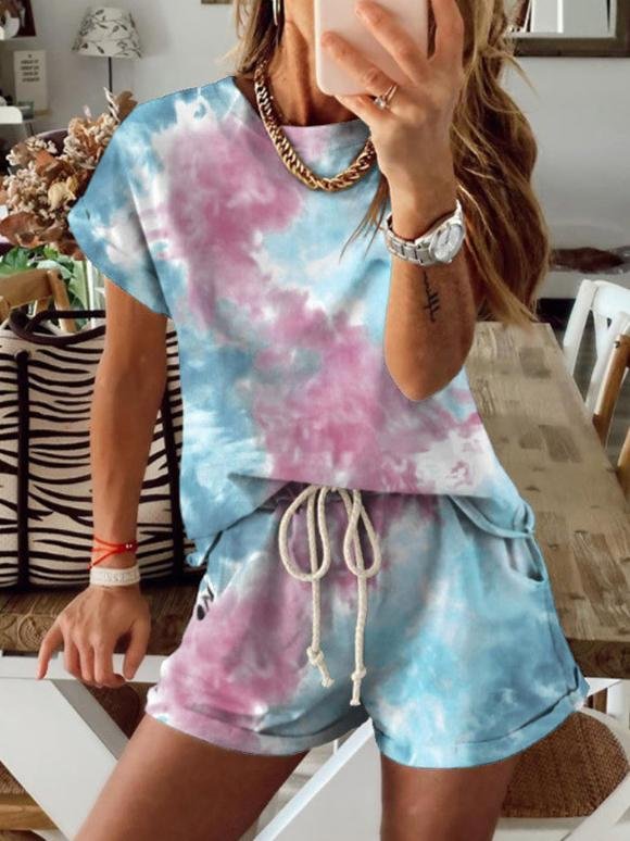 Casual Tie-dye Short-sleeved Sports Suit - Sets - INS | Online Fashion Free Shipping Clothing, Dresses, Tops, Shoes - 15/06/2021 - Bottoms - Color_Black