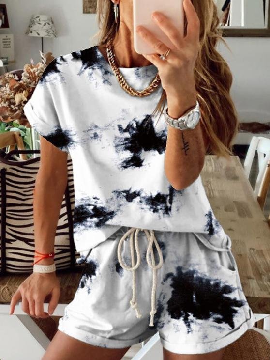 Casual Tie-dye Short-sleeved Sports Suit - Sets - INS | Online Fashion Free Shipping Clothing, Dresses, Tops, Shoes - 15/06/2021 - Bottoms - Color_Black