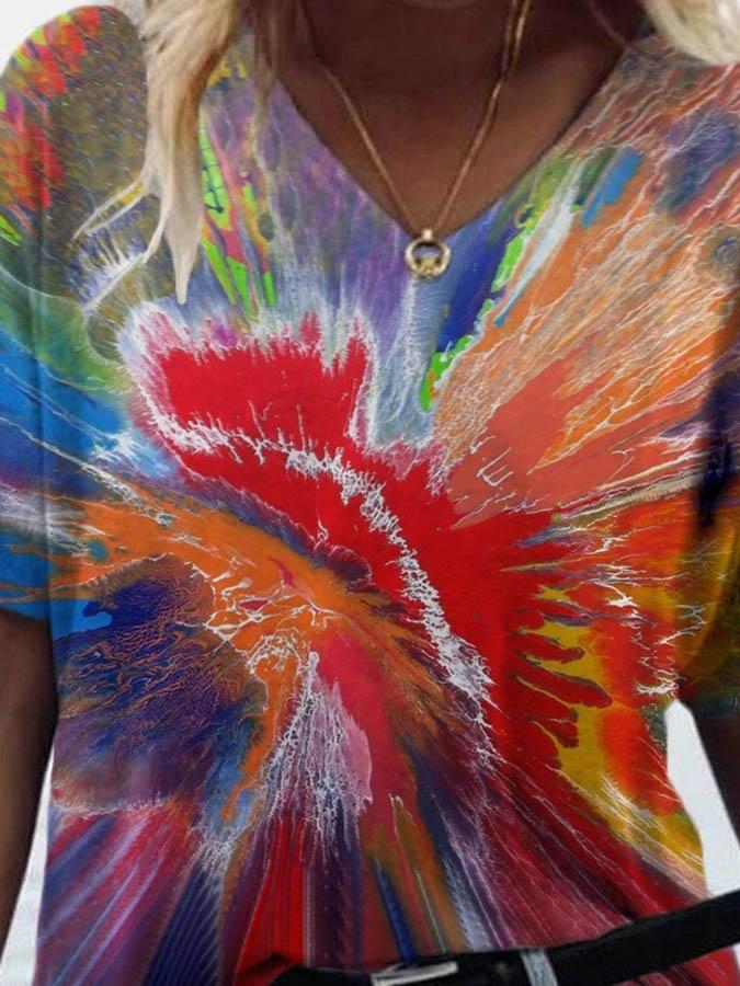 Casual Tie-dyed Print V-neck T-shirt - T-shirts - INS | Online Fashion Free Shipping Clothing, Dresses, Tops, Shoes - 08/06/2021 - Color_Blue - Color_Orange