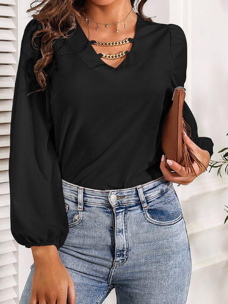 Casual V-neck Chain Chiffon Lantern Sleeve Blouses - Blouses - INS | Online Fashion Free Shipping Clothing, Dresses, Tops, Shoes - 17/06/2021 - 20-30 - Category_Blouses