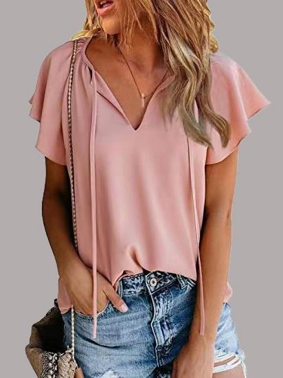 Casual V-neck Chiffon Shirt Loose Short Sleeve Blouses - Blouses - INS | Online Fashion Free Shipping Clothing, Dresses, Tops, Shoes - 08/06/2021 - BLO2106080057 - Category_Blouses