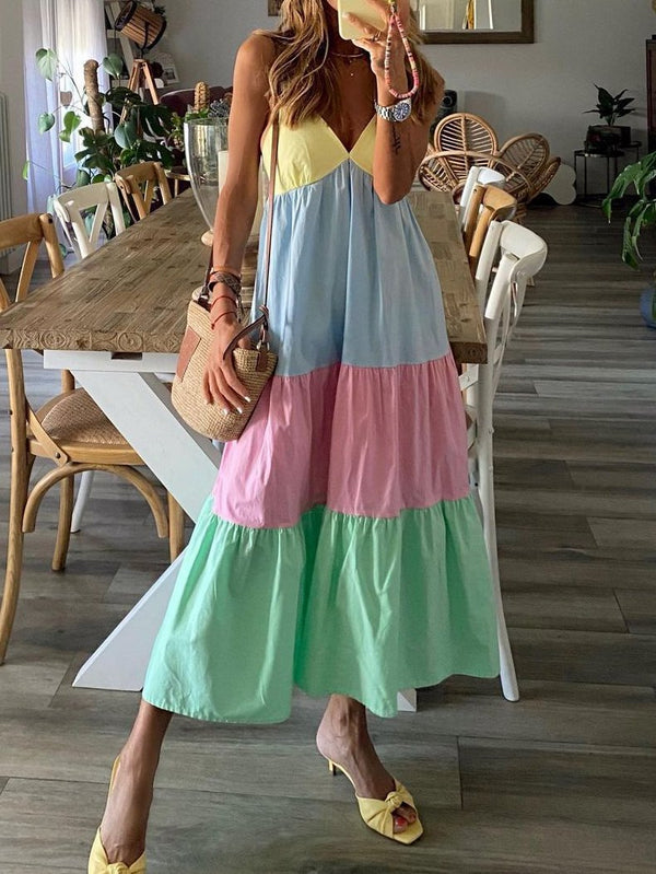 Casual V-neck Contrast Beach Dress - Maxi Dresses - INS | Online Fashion Free Shipping Clothing, Dresses, Tops, Shoes - 20-30 - 29/06/2021 - color-light-blue