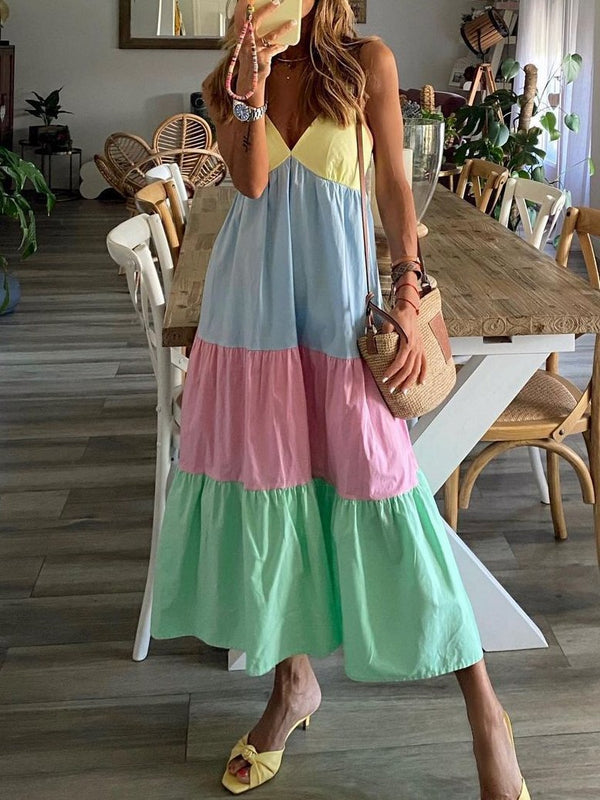 Casual V-neck Contrast Beach Dress - Maxi Dresses - INS | Online Fashion Free Shipping Clothing, Dresses, Tops, Shoes - 20-30 - 29/06/2021 - color-light-blue