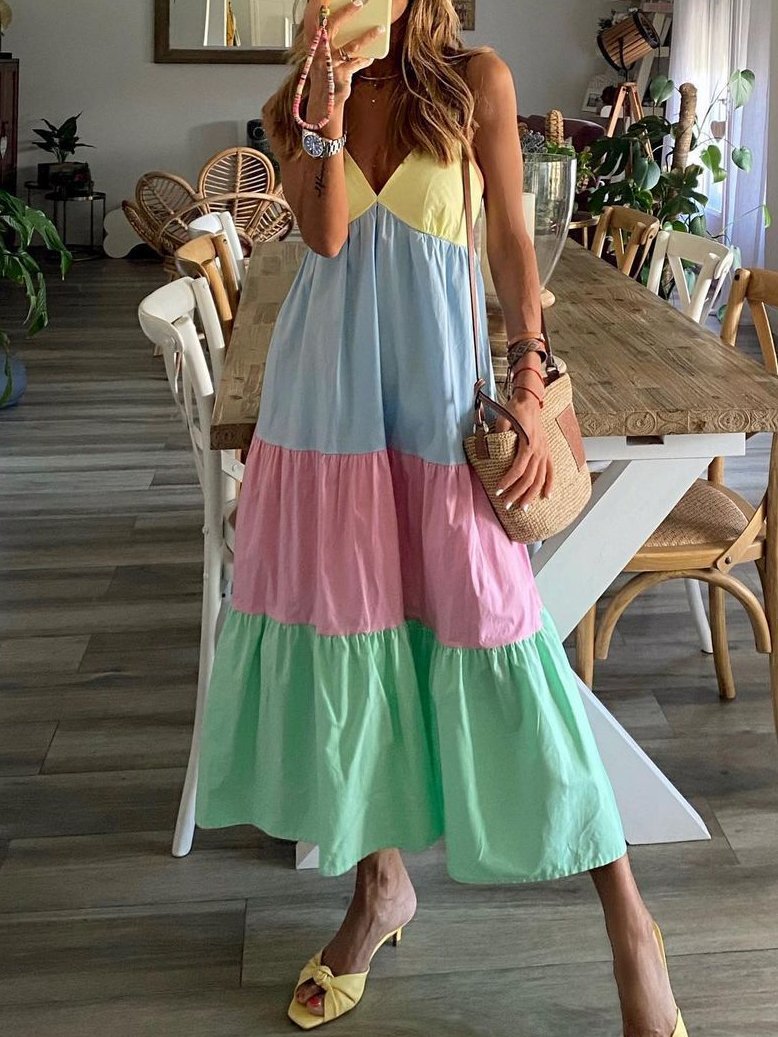 Casual V-neck Contrast Beach Dress - Maxi Dresses - INS | Online Fashion Free Shipping Clothing, Dresses, Tops, Shoes - 20-30 - 29/06/2021 - color-light-blue
