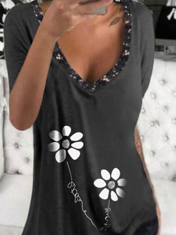 Casual V-neck Design Printed T-shirt - T-shirts - INS | Online Fashion Free Shipping Clothing, Dresses, Tops, Shoes - 05/06/2021 - Color_Black - Color_Gray