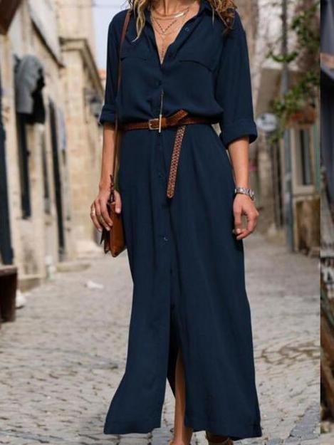 Casual V-neck Long-sleeved Button Shirt Dress - Maxi Dresses - INS | Online Fashion Free Shipping Clothing, Dresses, Tops, Shoes - 01/06/2021 - Color_Black - Color_Blue