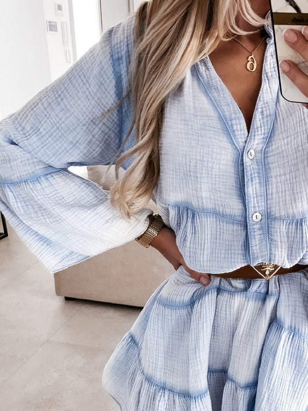 Casual V-neck Long-sleeved Ruffle Dress - Mini Dresses - INS | Online Fashion Free Shipping Clothing, Dresses, Tops, Shoes - 16/06/2021 - 30-40 - color-apricot