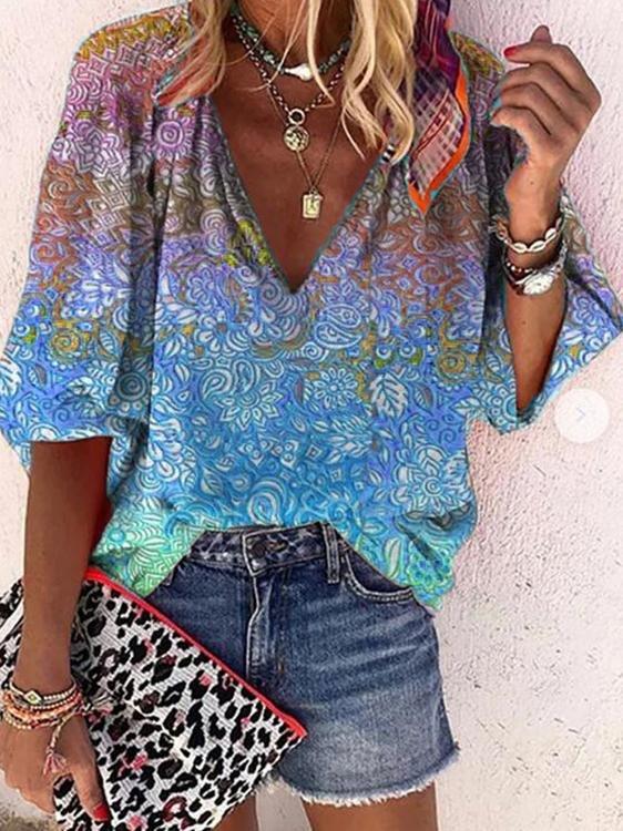 Casual V-neck Multicolor Printed Blouse - Blouses - INS | Online Fashion Free Shipping Clothing, Dresses, Tops, Shoes - 02/06/2021 - BLO210602304 - Blouses