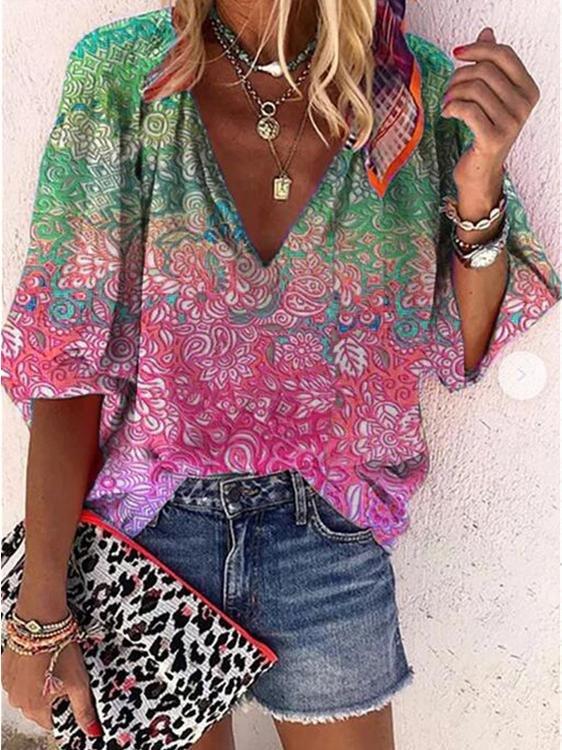 Casual V-neck Multicolor Printed Blouse - Blouses - INS | Online Fashion Free Shipping Clothing, Dresses, Tops, Shoes - 02/06/2021 - BLO210602304 - Blouses