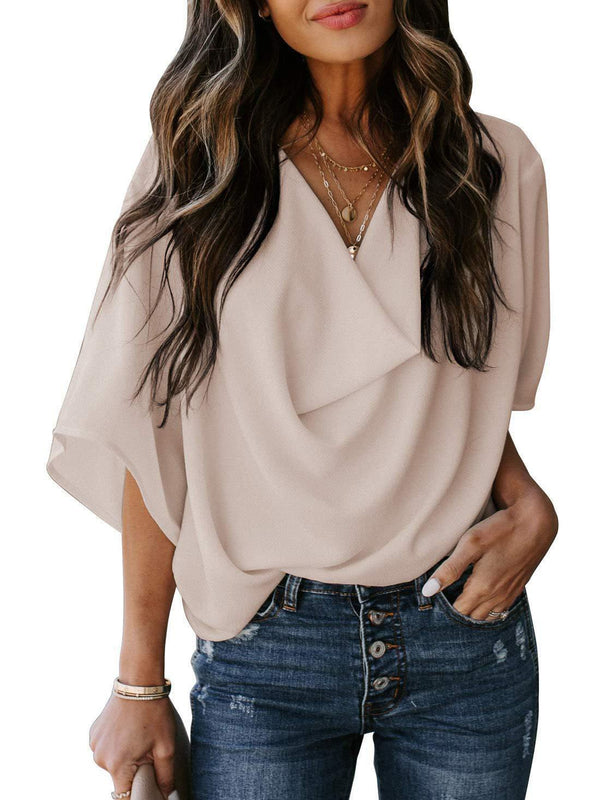 Casual V-neck Pleated Chiffon Shirt - Blouses - INS | Online Fashion Free Shipping Clothing, Dresses, Tops, Shoes - 08/06/2021 - BLO2106080052 - Blouses