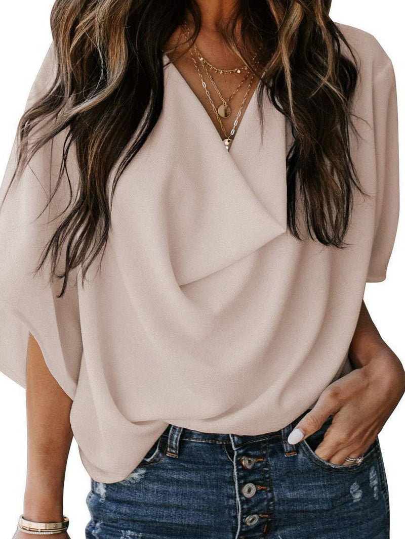 Casual V-neck Pleated Chiffon Shirt - Blouses - INS | Online Fashion Free Shipping Clothing, Dresses, Tops, Shoes - 08/06/2021 - BLO2106080052 - Blouses