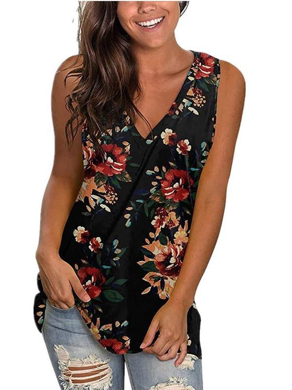 Casual V-neck Printed Sleeveless Vest Top - T-shirts - INS | Online Fashion Free Shipping Clothing, Dresses, Tops, Shoes - 12/05/2021 - 120521 - Color_Black