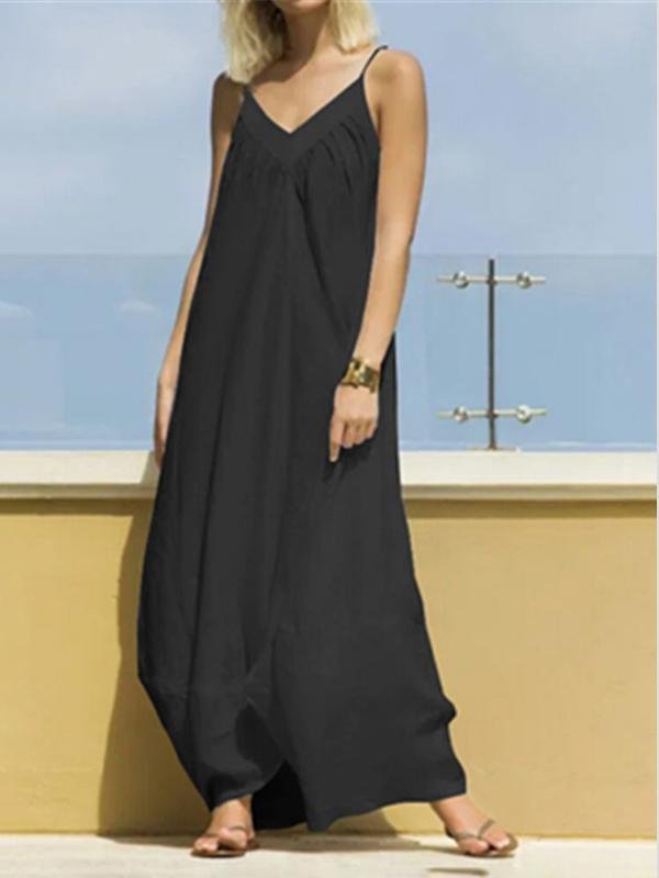 Casual V-neck Strap Solid A-line Big Swing Dress - Maxi Dresses - INS | Online Fashion Free Shipping Clothing, Dresses, Tops, Shoes - 19/07/2021 - 20-30 - color-black