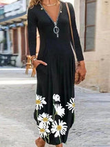 Casual Zipper V-neck Flower Print Long Skirt - Maxi Dresses - INS | Online Fashion Free Shipping Clothing, Dresses, Tops, Shoes - 09/06/2021 - Color_Black - DRE2106090235