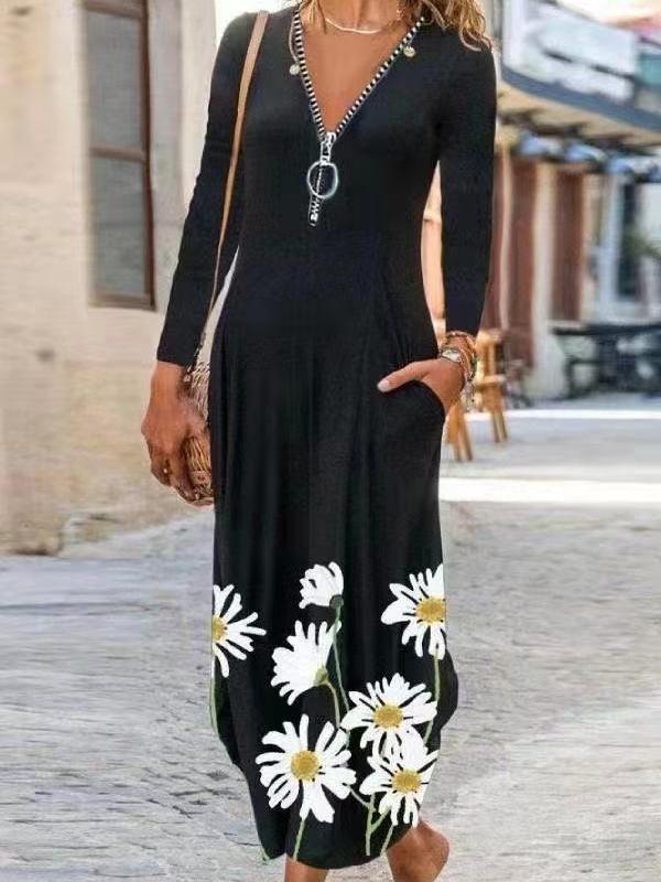 Casual Zipper V-neck Flower Print Long Skirt - Maxi Dresses - INS | Online Fashion Free Shipping Clothing, Dresses, Tops, Shoes - 09/06/2021 - Color_Black - DRE2106090235