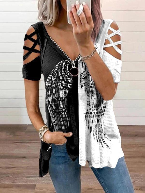 Casual Zipper V-neck Pullover T-shirt - T-shirts - INS | Online Fashion Free Shipping Clothing, Dresses, Tops, Shoes - 17/06/2021 - 20-30 - color-feather-white