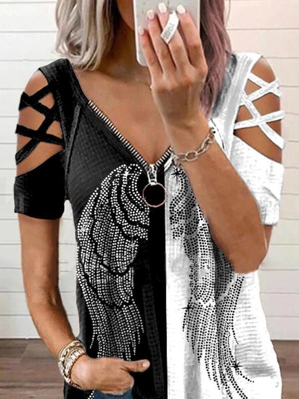 Casual Zipper V-neck Pullover T-shirt - T-shirts - INS | Online Fashion Free Shipping Clothing, Dresses, Tops, Shoes - 17/06/2021 - 20-30 - color-feather-white