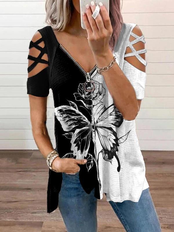 Casual Zipper V-neck Pullover T-shirt - T-shirts - INS | Online Fashion Free Shipping Clothing, Dresses, Tops, Shoes - 17/06/2021 - 20-30 - color-feather-white