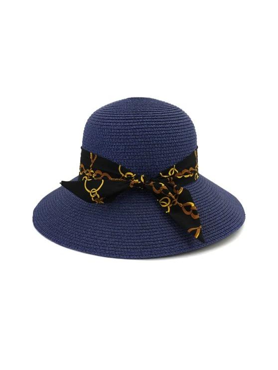 Chain Print Bowknot Wide Brim Straw Hat - INS | Online Fashion Free Shipping Clothing, Dresses, Tops, Shoes