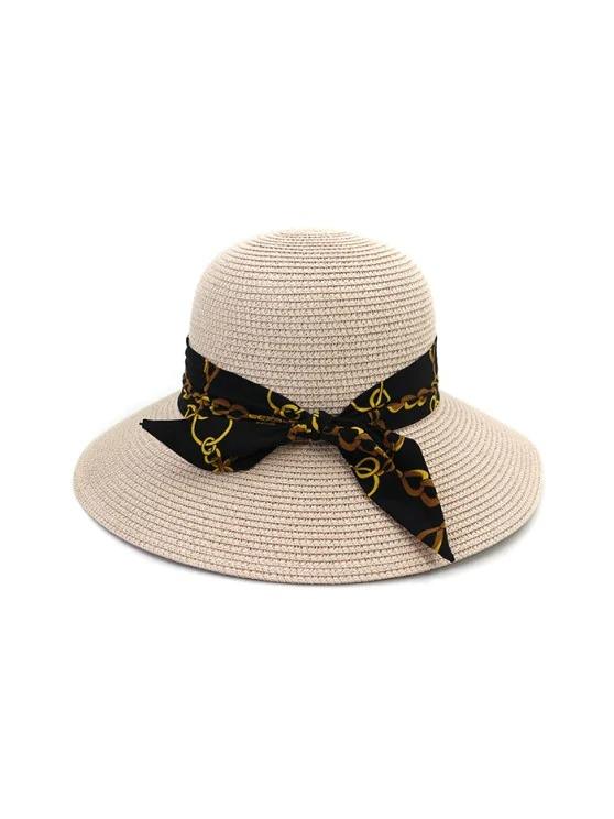 Chain Print Bowknot Wide Brim Straw Hat - INS | Online Fashion Free Shipping Clothing, Dresses, Tops, Shoes