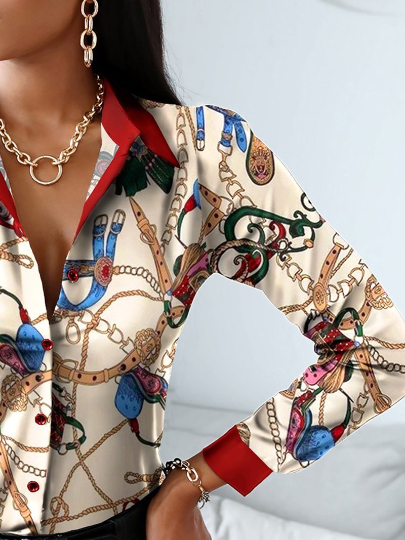 Chain Scarf Print Button Design Shirt - Blouses - INS | Online Fashion Free Shipping Clothing, Dresses, Tops, Shoes - 29/04/2021 - BLO210429047 - Blouses
