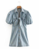 Chambray Button Up Tied Mini Dress - Dresses - INS | Online Fashion Free Shipping Clothing, Dresses, Tops, Shoes - 02/07/2021 - Blue - Color_Blue