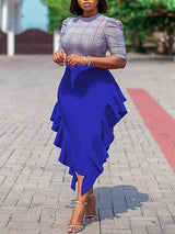 Check Color Contrast Puff Sleeve Tight Dress - Midi Dresses - INS | Online Fashion Free Shipping Clothing, Dresses, Tops, Shoes - 15/04/2021 - Color_Blue - Colour_ Blue
