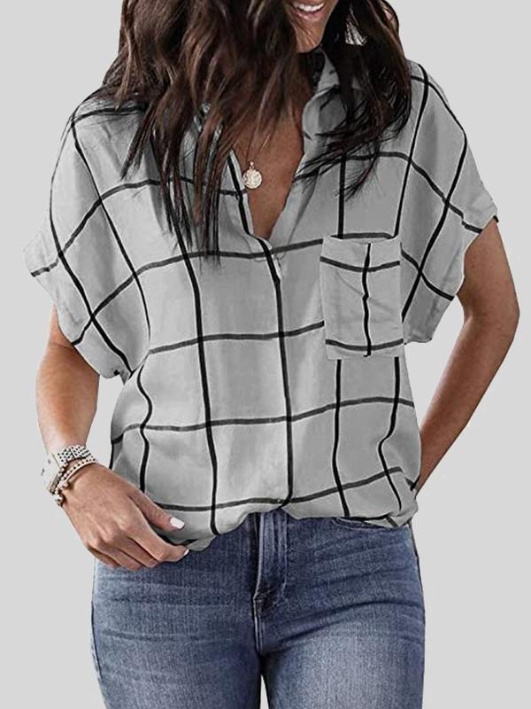 Check Print Pocket V-Neck Short Sleeve Blouses - Blouses - INS | Online Fashion Free Shipping Clothing, Dresses, Tops, Shoes - 10-20 - 19/06/2021 - BLO2106190130