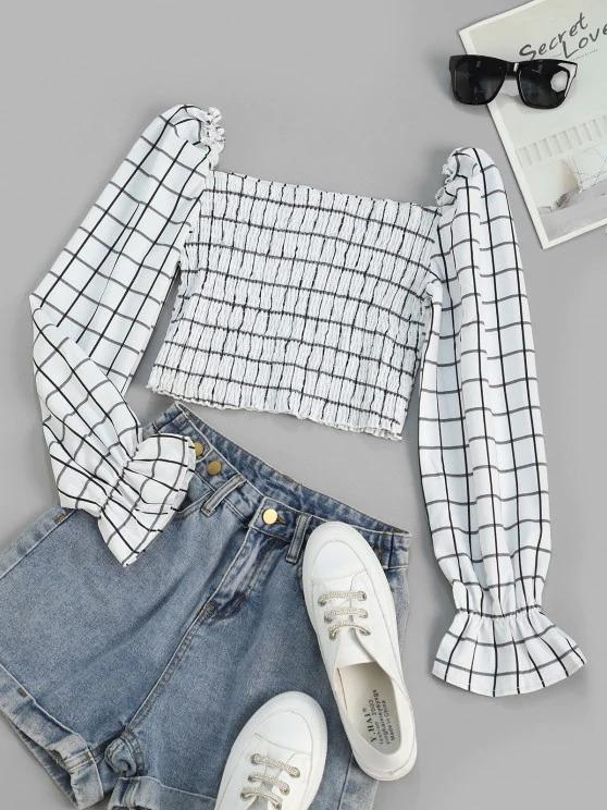 Checked Smocked Poet Sleeve Milkmaid Top - INS | Online Fashion Free Shipping Clothing, Dresses, Tops, Shoes