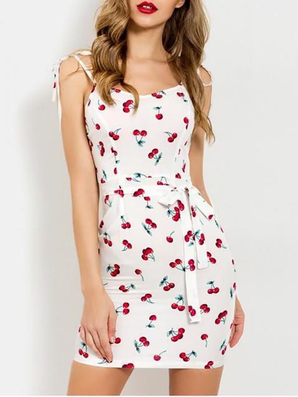 Cherry Print Belted Cami Dress - Mini Dresses - INS | Online Fashion Free Shipping Clothing, Dresses, Tops, Shoes - 02/09/2021 - Bodycon Dresses - Casual Dresses