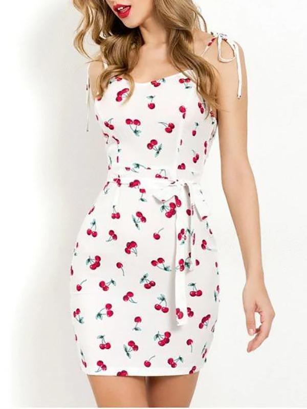 Cherry Print Belted Cami Dress - Mini Dresses - INS | Online Fashion Free Shipping Clothing, Dresses, Tops, Shoes - 02/09/2021 - Bodycon Dresses - Casual Dresses