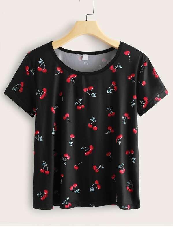 Cherry Print Round Neck Tee - INS | Online Fashion Free Shipping Clothing, Dresses, Tops, Shoes