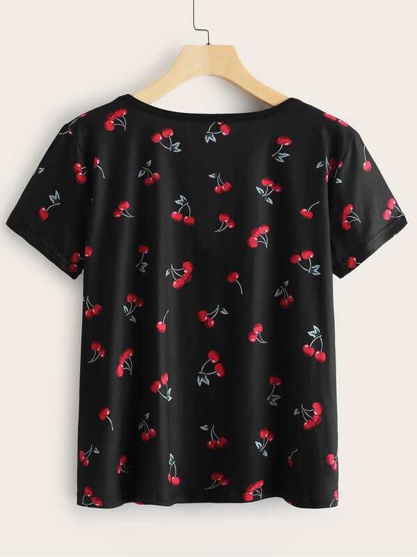 Cherry Print Round Neck Tee - INS | Online Fashion Free Shipping Clothing, Dresses, Tops, Shoes