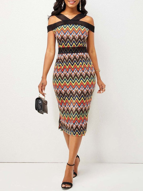 Chevron Print Cold Shoulder Short Sleeve Bodycon Midi Dress - Midi Dresses - INS | Online Fashion Free Shipping Clothing, Dresses, Tops, Shoes - 19/04/2021 - Category_Midi Dresses - Color_Black