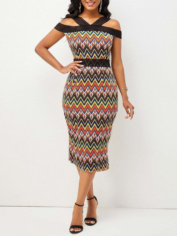 Chevron Print Cold Shoulder Short Sleeve Bodycon Midi Dress - Midi Dresses - INS | Online Fashion Free Shipping Clothing, Dresses, Tops, Shoes - 19/04/2021 - Category_Midi Dresses - Color_Black